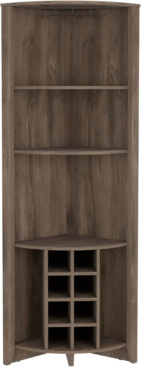 Elegant and Functional Corner Bar Cabinet with Built-in Wine Rack and Two Side Shelves, Dark Brown