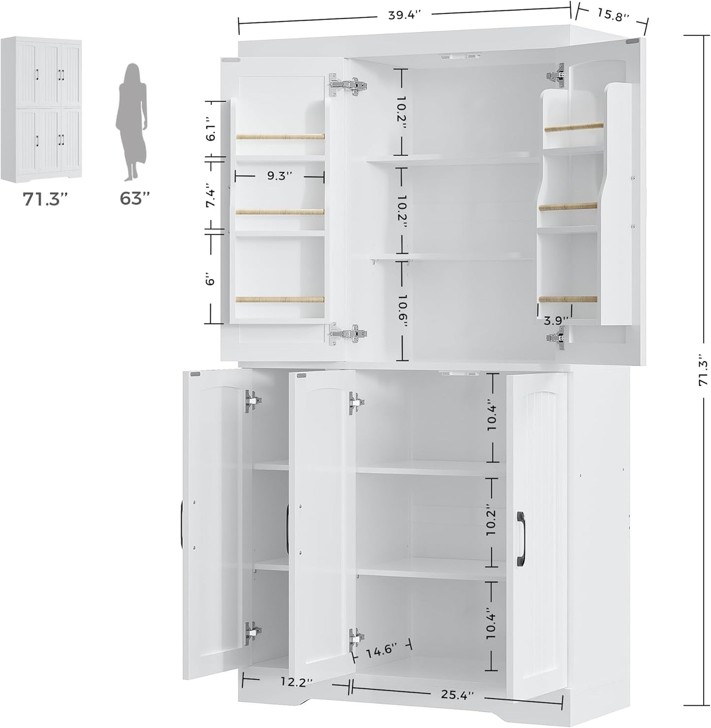 IRONCK Kitchen Pantry Storage Cabinet, Modern Food Pantries with 12 Shelves, 2 Door Racks, Adjustable Shelves, Freestanding Cupboard for Kitchen, Dining Room, White