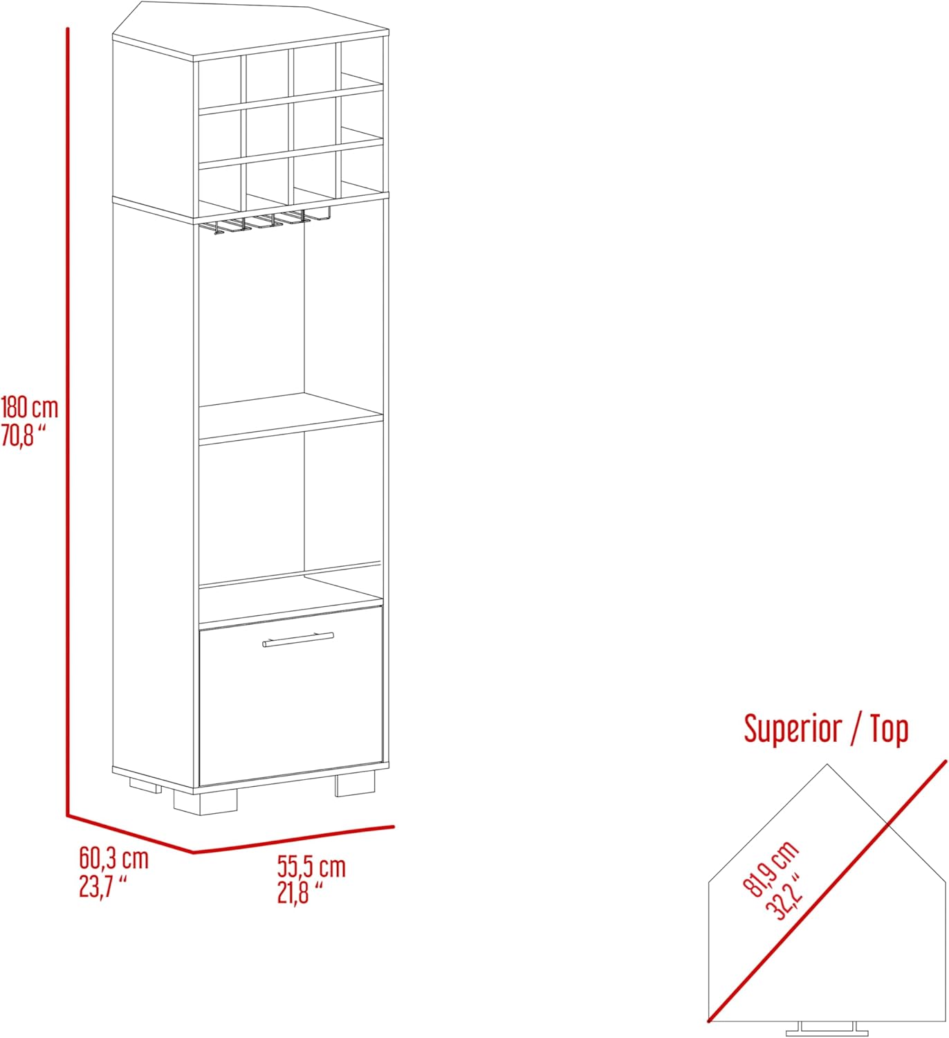 Corner Bar Cabinet with Built-in Wine Rack and Two Side Shelves, Modern Design, Multi-Use for Living Space, 70.9 Inches Tall