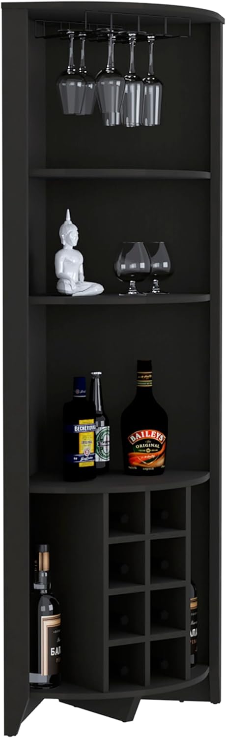 Corner Bar Cabinet, Three Shelves, Eight Built in Wine Rack, Two Side Shelves Black