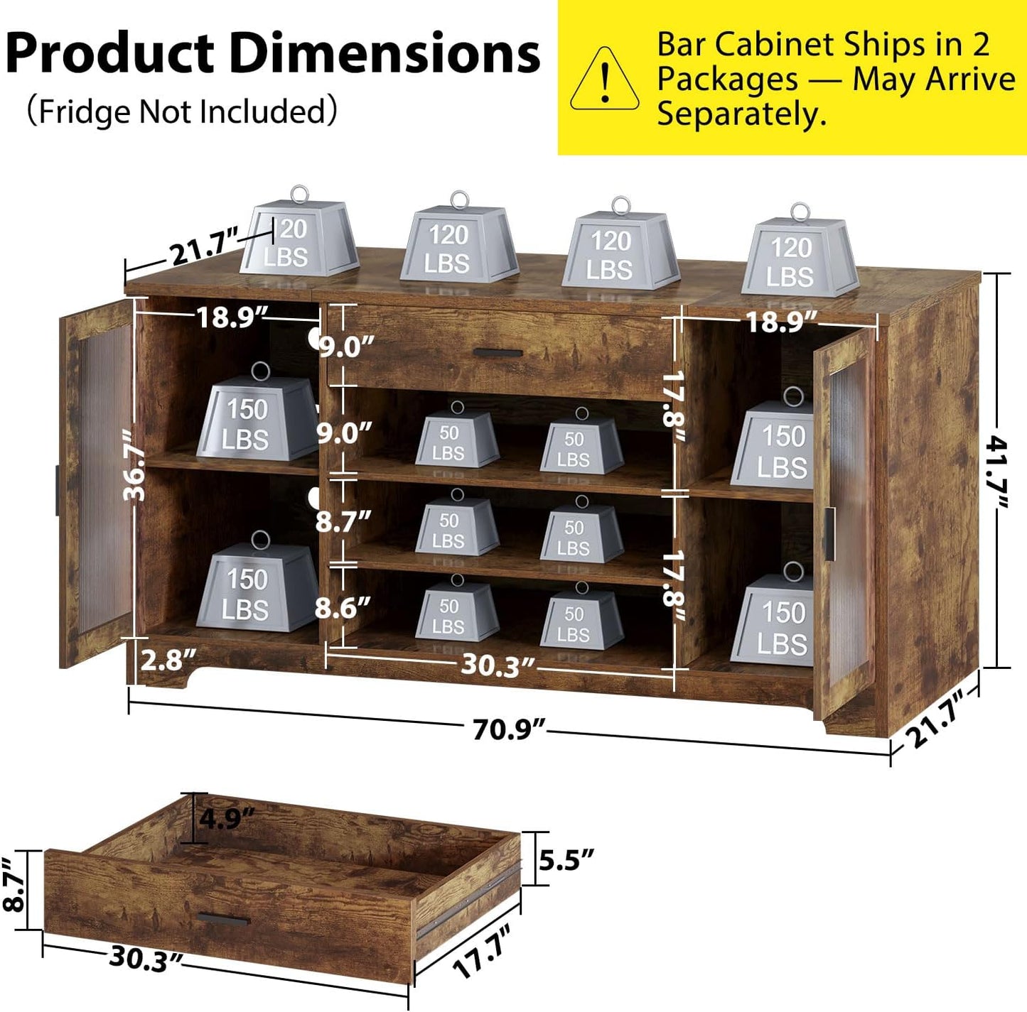 HSH Bar Cabinet with Mini Fridge Space, 70.9” Large Wood Wine Cabinet with Cooler Space, Farmhouse Long Liquor Cabinet with Drawer Storage, Metal Sideboard Buffet for Kitchen Dining Room, Rustic Brown