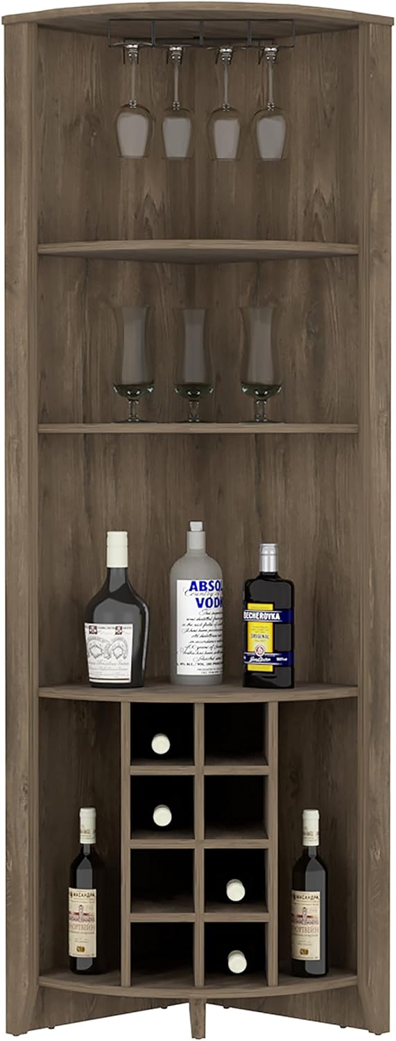 Maximize Corner Space with Bar Cabinet, Three Shelves, Eight Wine Rack, Side Shelves, Dark Brown Finish