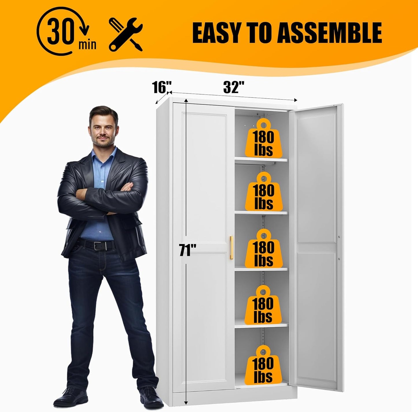 71" Tall Metal Storage Cabinet, Kitchen Pantry Storage Cabinets with Doors and 4 Shelves, White Pantry Cabinet, Utility Kitchen Cupboard, Large Steel Cabinets for Dining Room, Office, Living Room