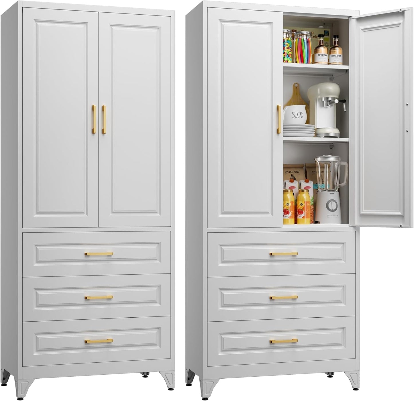 71" Tall Metal Storage Cabinet, Kitchen Pantry Storage Cabinets with Doors and 4 Shelves, White Pantry Cabinet, Utility Kitchen Cupboard, Large Steel Cabinets for Dining Room, Office, Living Room