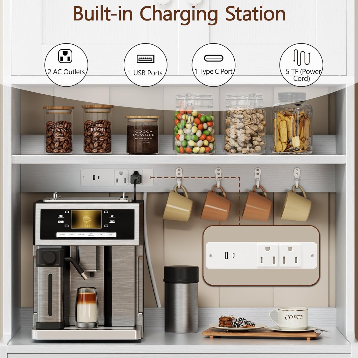 71" Tall Kitchen Pantry Storage Cabinet with Power Outlet & LED Light, Freestanding Food Pantry Cabinet with 4 Doors and Shelves, Cupboard with Drawer, Hutch with Microwave Stand, White
