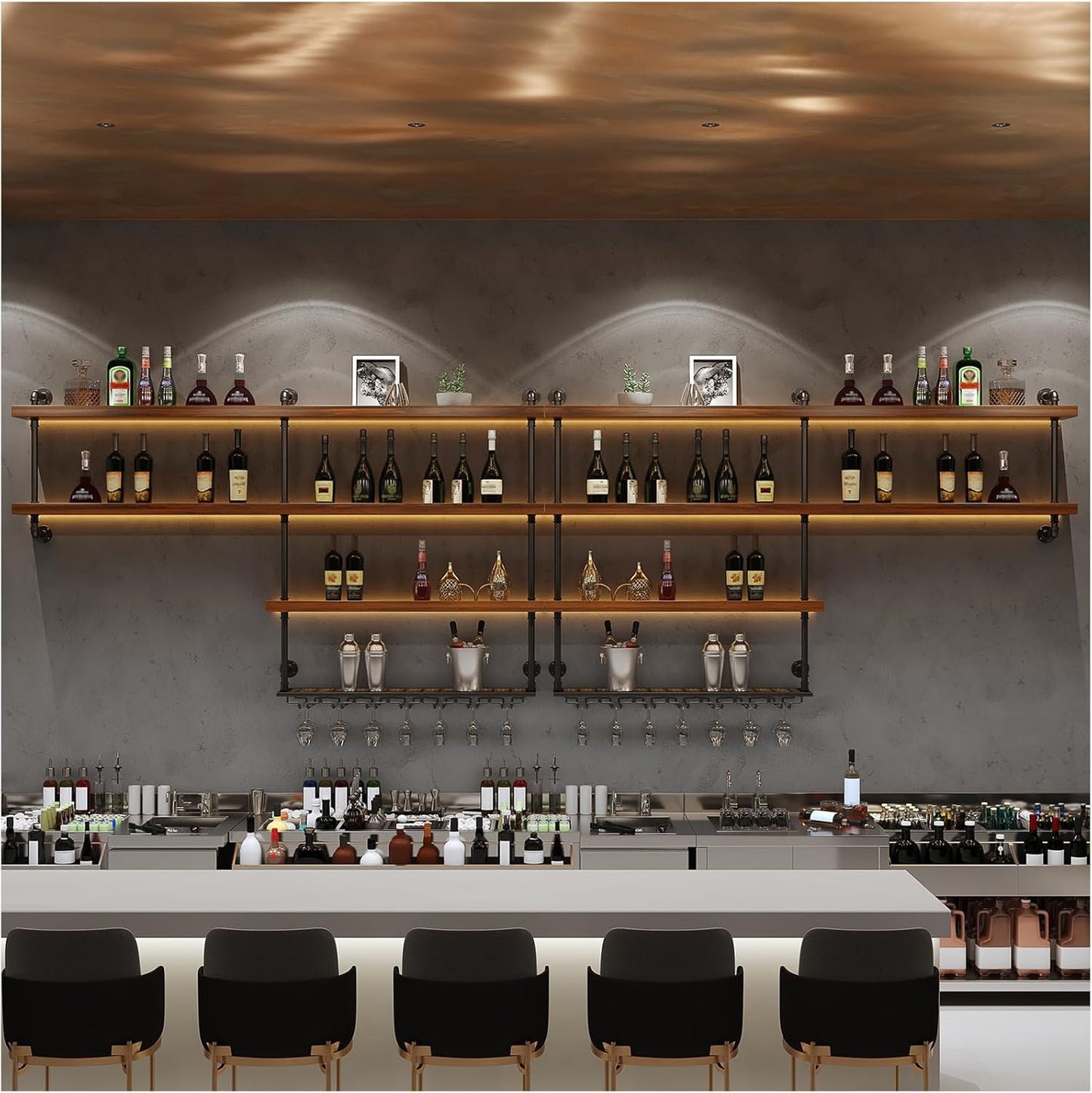 Solid Wood Wall Mounted Wine Rack, Large Wine Rack with LED Light, 4 Tiers Liquor Bottles Floating Shelves with Glass Holder, Industrial Bar Shelves for Home Bar Dining Room (118.1 IN/ 300CM)