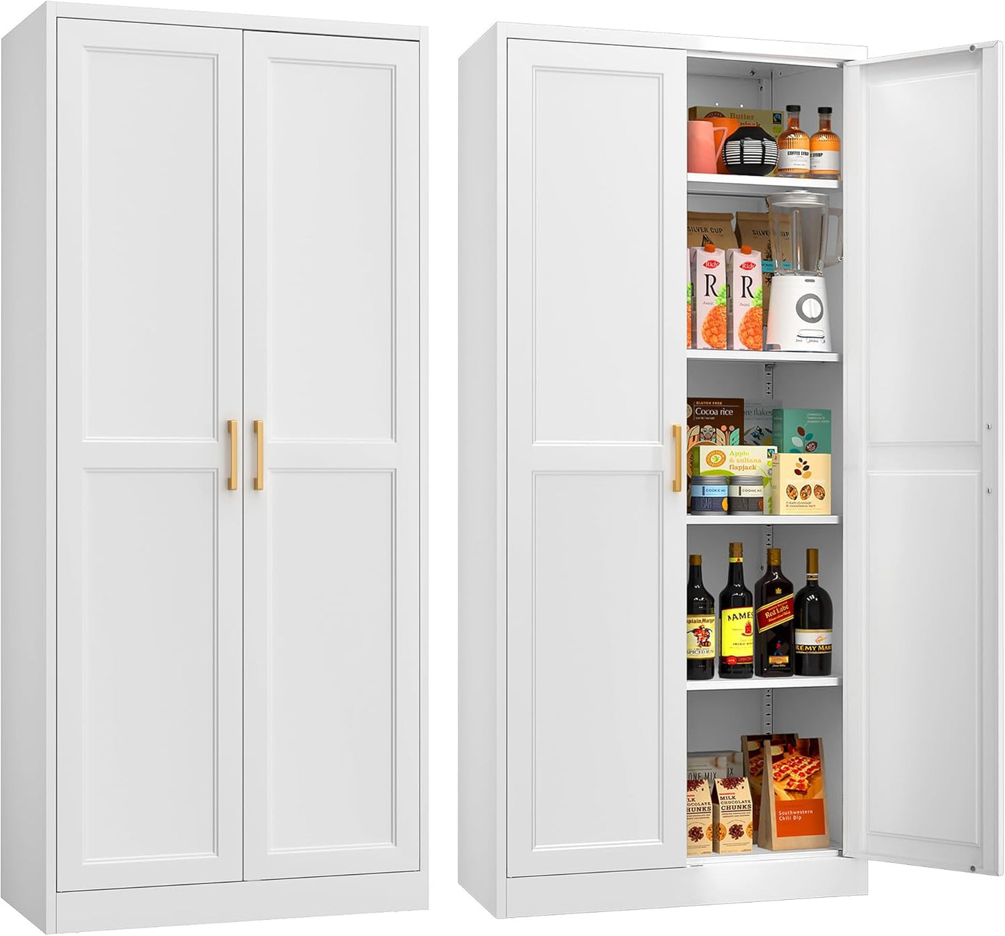 71" Tall Metal Storage Cabinet, Kitchen Pantry Storage Cabinets with Doors and 4 Shelves, White Pantry Cabinet, Utility Kitchen Cupboard, Large Steel Cabinets for Dining Room, Office, Living Room