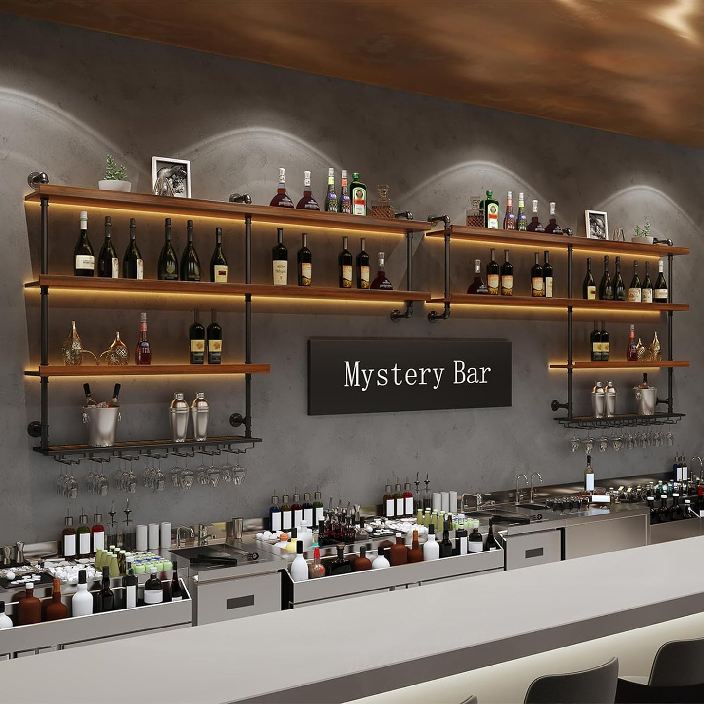 Solid Wood Wall Mounted Wine Rack, Large Wine Rack with LED Light, 4 Tiers Liquor Bottles Floating Shelves with Glass Holder, Industrial Bar Shelves for Home Bar Dining Room (118.1 IN/ 300CM)