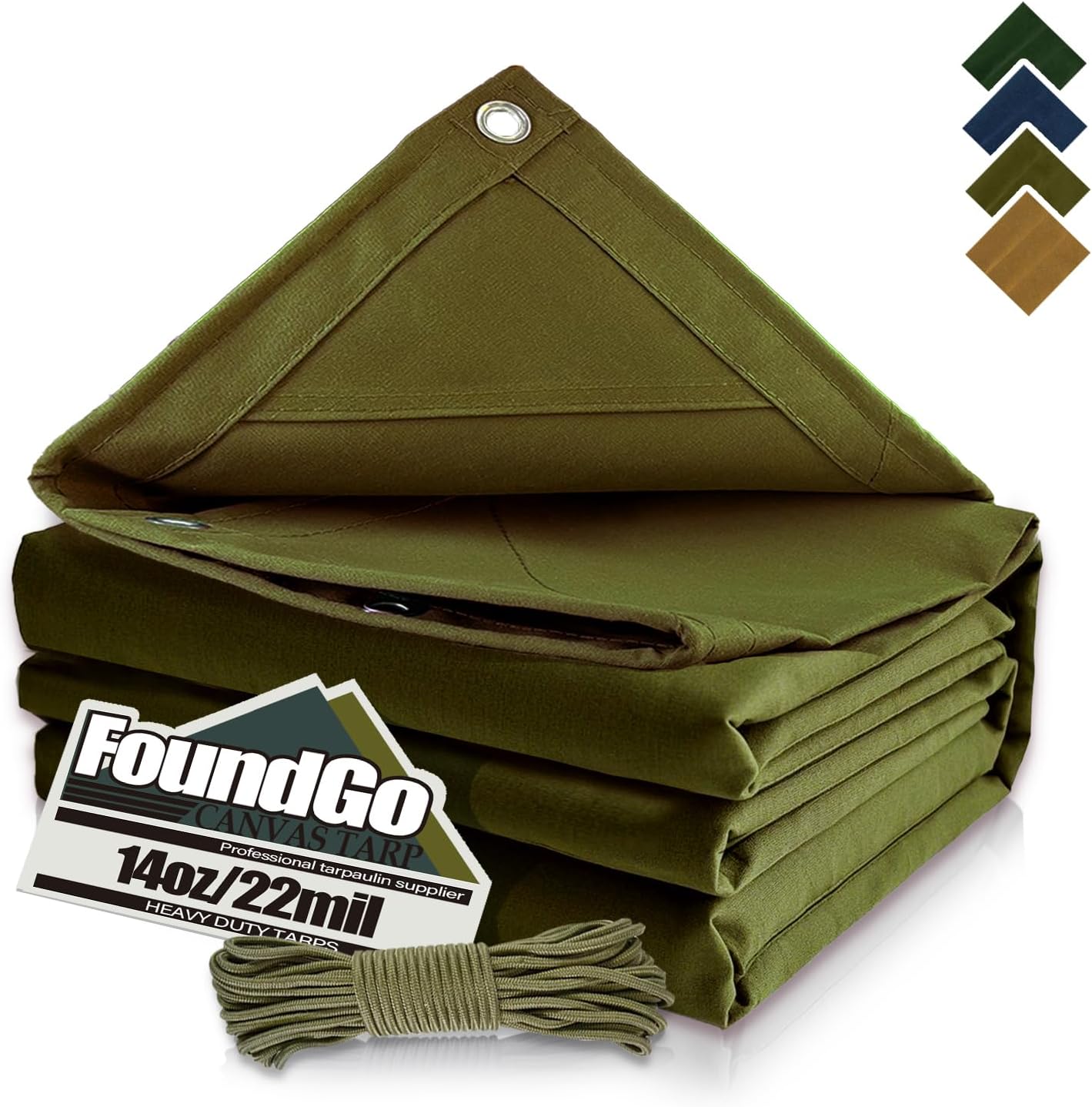 FoundGo 12x16ft Canvas Tarp 22 Mil Tarps 14 oz Canvas Tarpaulin Heavy Duty Cloth Water/UV Resistant Cover with Rustproof Grommets & Ropes for Cars,Roofs,Boats,Camps,Sunshades,Moisture Barrier -Tan