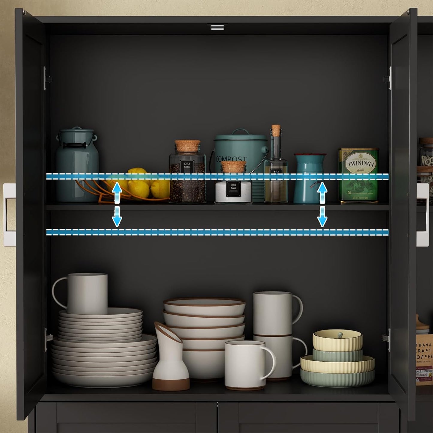 Loomie Kitchen Pantry Storage Cabinet, 64" Tall Freestanding Cupboard with Doors & Adjustable Shelves, Food Pantry Cabinet with 5-Tier External Shelf for Dining Room (Black)