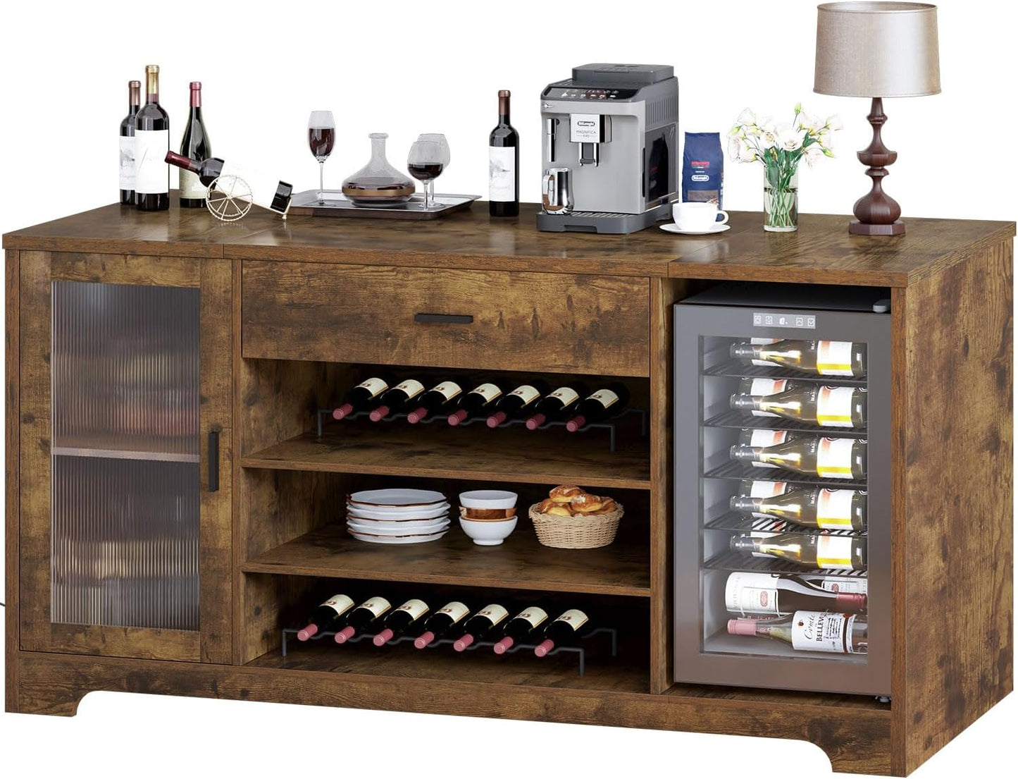 HSH Bar Cabinet with Mini Fridge Space, 70.9” Large Wood Wine Cabinet with Cooler Space, Farmhouse Long Liquor Cabinet with Drawer Storage, Metal Sideboard Buffet for Kitchen Dining Room, Rustic Brown