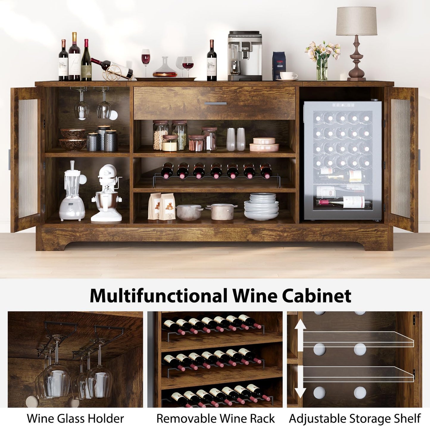 HSH Bar Cabinet with Mini Fridge Space, 70.9” Large Wood Wine Cabinet with Cooler Space, Farmhouse Long Liquor Cabinet with Drawer Storage, Metal Sideboard Buffet for Kitchen Dining Room, Rustic Brown