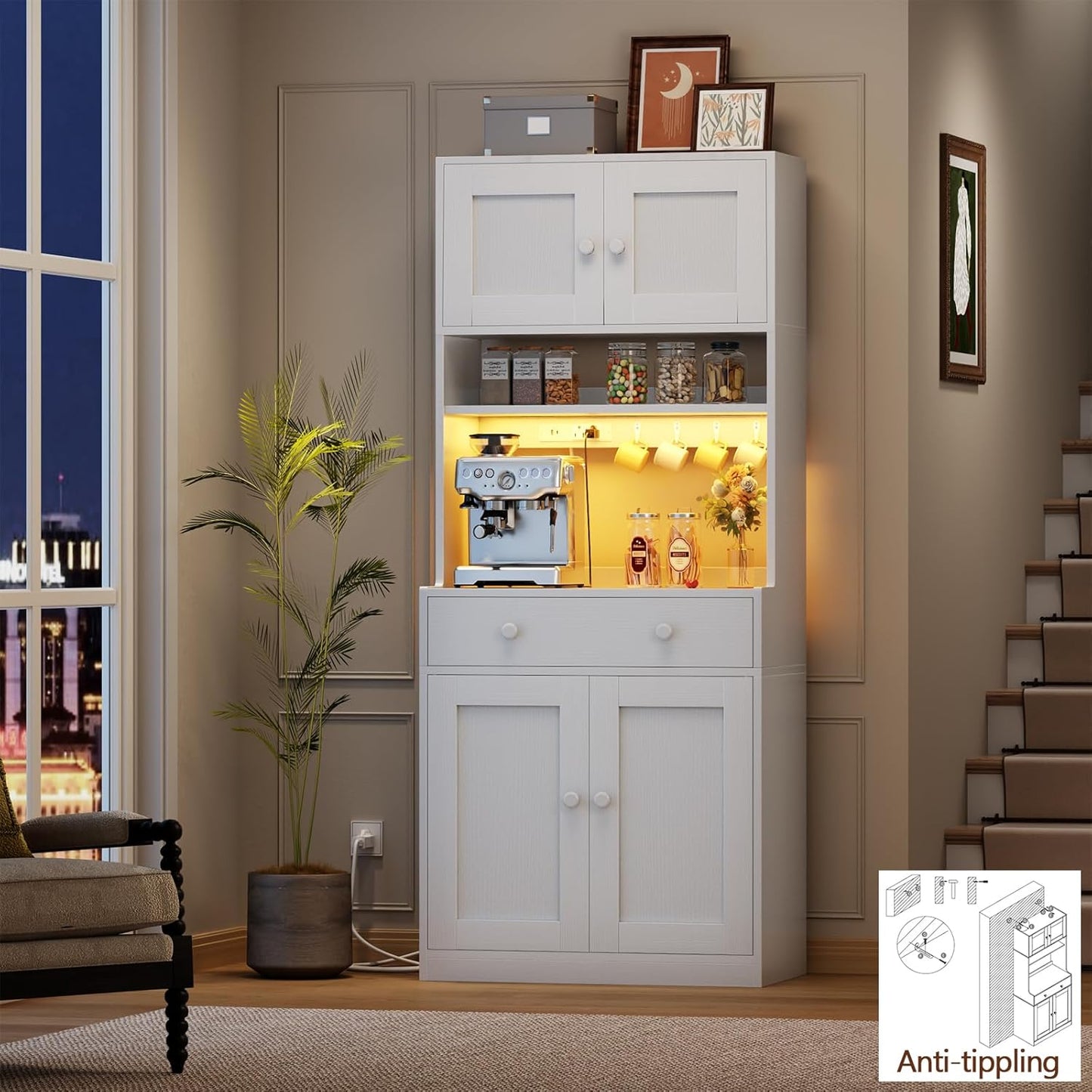 71" Tall Kitchen Pantry Storage Cabinet with Power Outlet & LED Light, Freestanding Food Pantry Cabinet with 4 Doors and Shelves, Cupboard with Drawer, Hutch with Microwave Stand, White