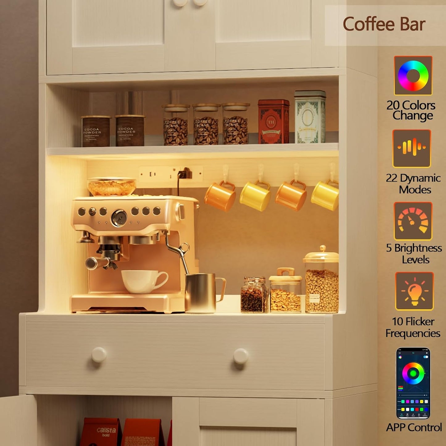 71" Tall Kitchen Pantry Storage Cabinet with Power Outlet & LED Light, Freestanding Food Pantry Cabinet with 4 Doors and Shelves, Cupboard with Drawer, Hutch with Microwave Stand, White