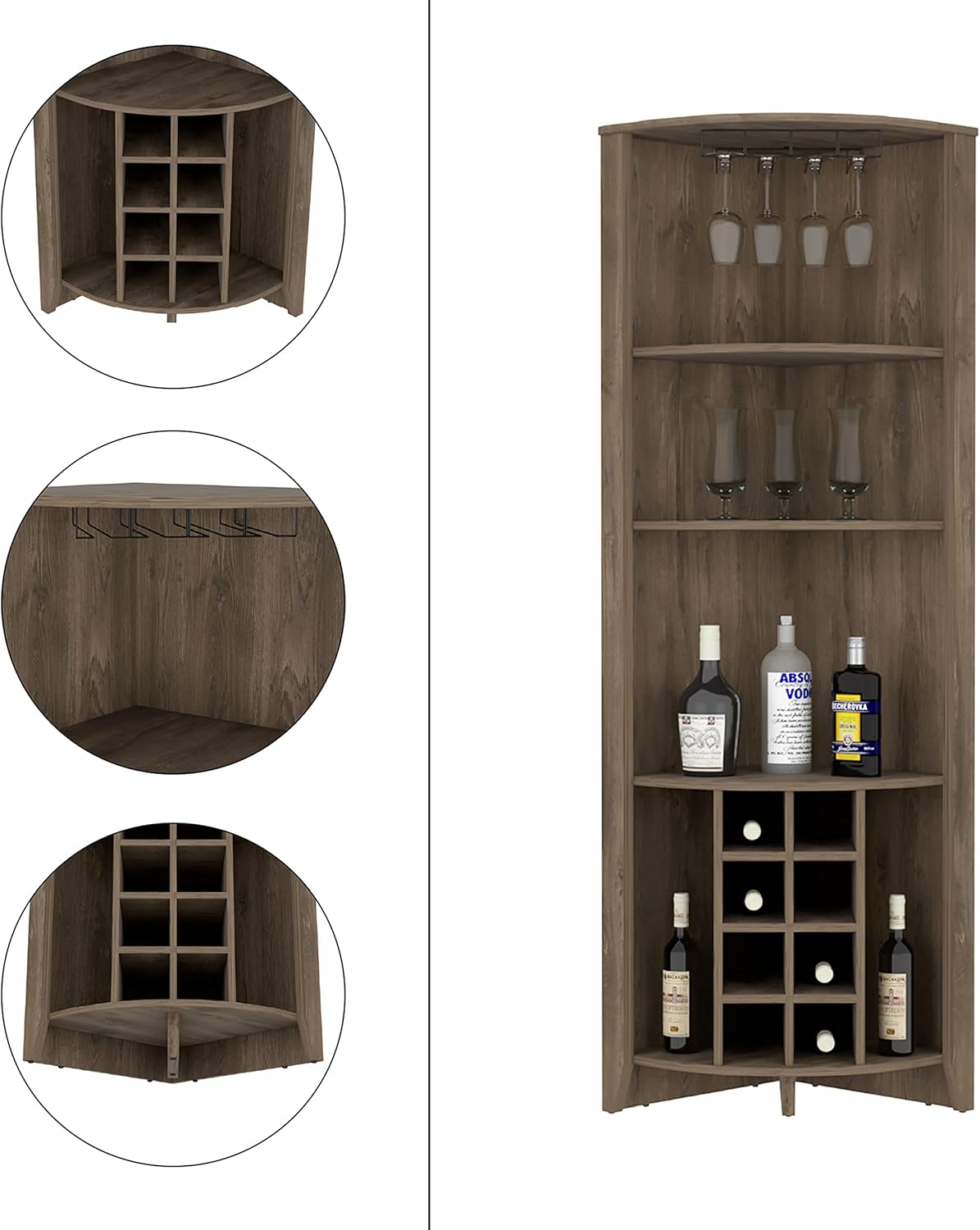 Maximize Corner Space with Bar Cabinet, Three Shelves, Eight Wine Rack, Side Shelves, Dark Brown Finish
