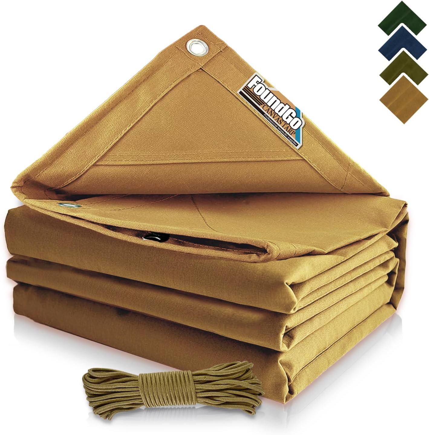 FoundGo 12x16ft Canvas Tarp 22 Mil Tarps 14 oz Canvas Tarpaulin Heavy Duty Cloth Water/UV Resistant Cover with Rustproof Grommets & Ropes for Cars,Roofs,Boats,Camps,Sunshades,Moisture Barrier -Tan