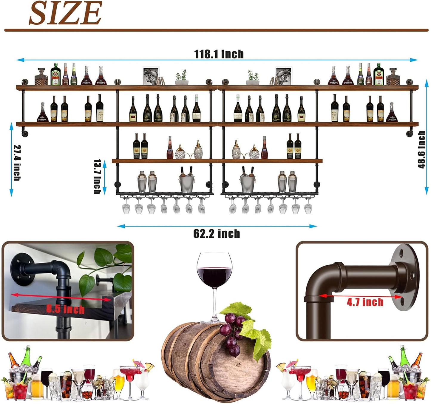 Solid Wood Wall Mounted Wine Rack, Large Wine Rack with LED Light, 4 Tiers Liquor Bottles Floating Shelves with Glass Holder, Industrial Bar Shelves for Home Bar Dining Room (118.1 IN/ 300CM)