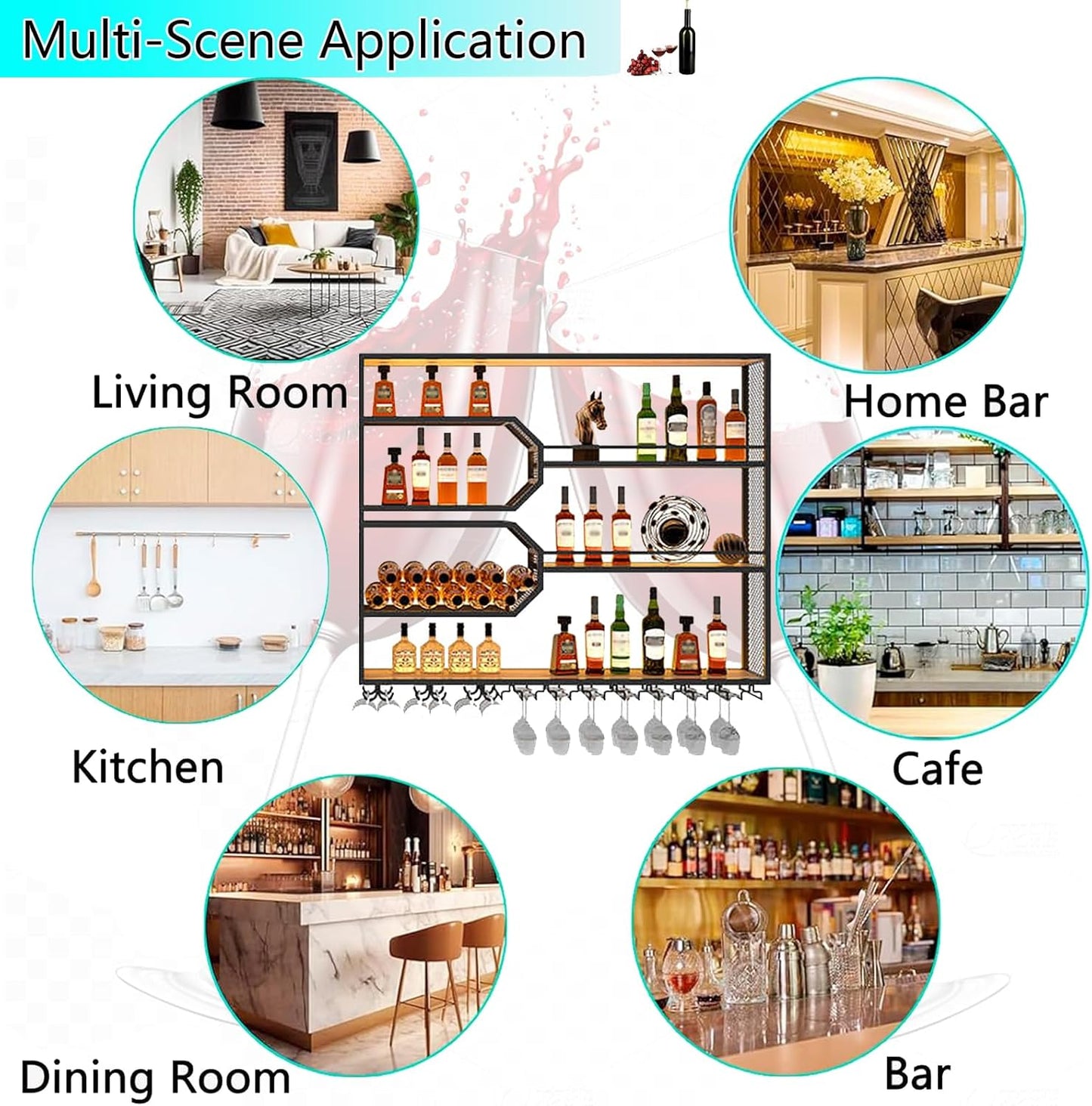 94IN Wall Mounted with Wine Rack, Hanging Metal Floating Wine Rack Cabinet with LED Light, 4-Tiers Large Vintage Style Wine Bottle Shelf for Home Restaurant Bars (94IN/240CM)