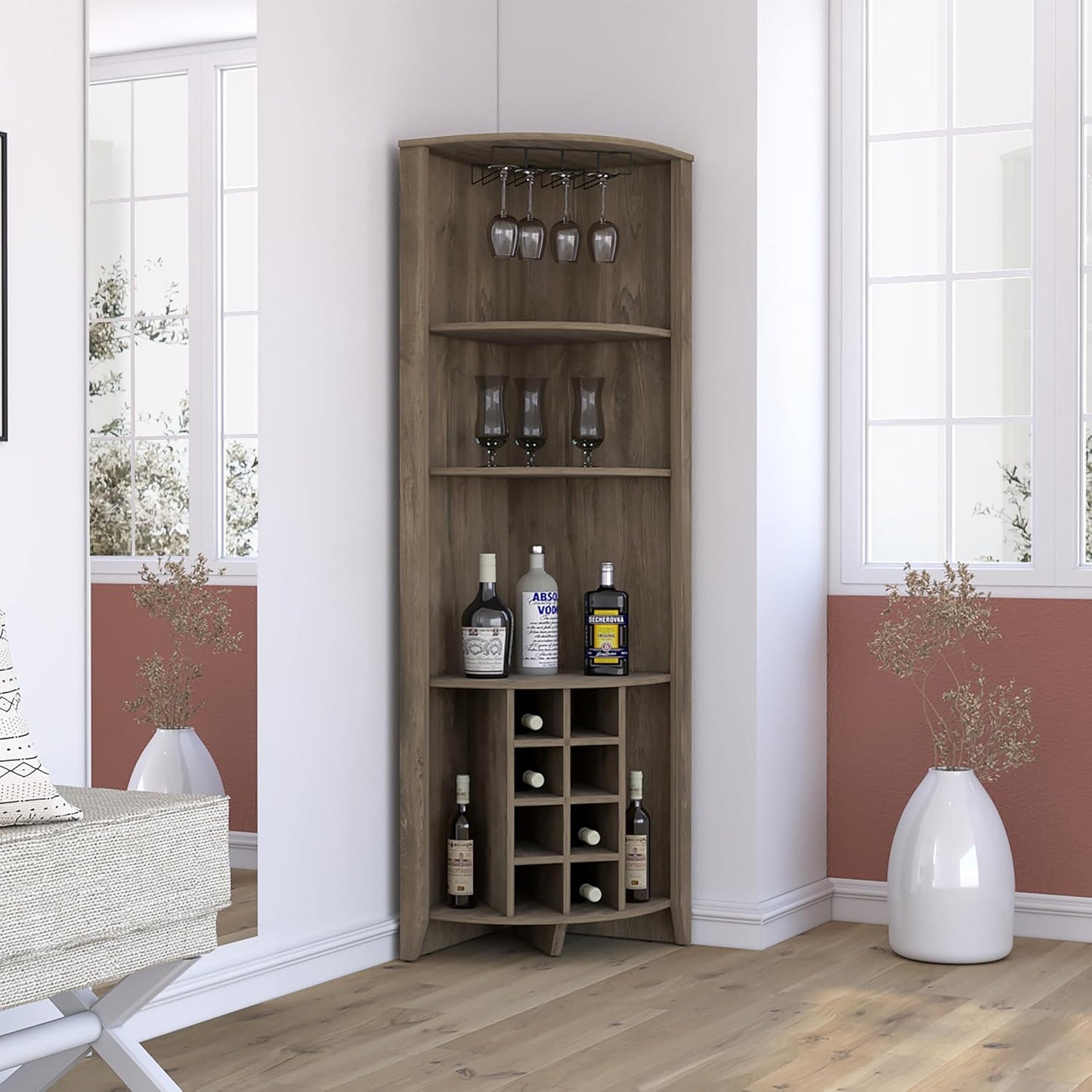 Elegant and Functional Corner Bar Cabinet with Built-in Wine Rack and Two Side Shelves, Dark Brown