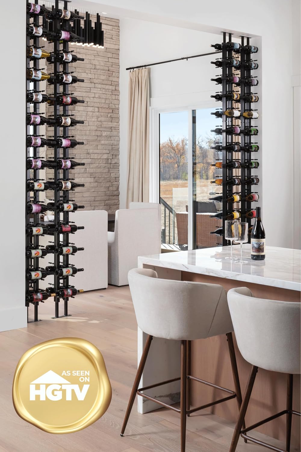 Ultra Wine Racks Floor-to-Ceiling Mount Display (1 Side, Double Deep, Black, Holds 42 Wine Bottles) - Modern Metal Wine Storage for Wine Cellars, Home Bars, Kitchens, and Dining Rooms