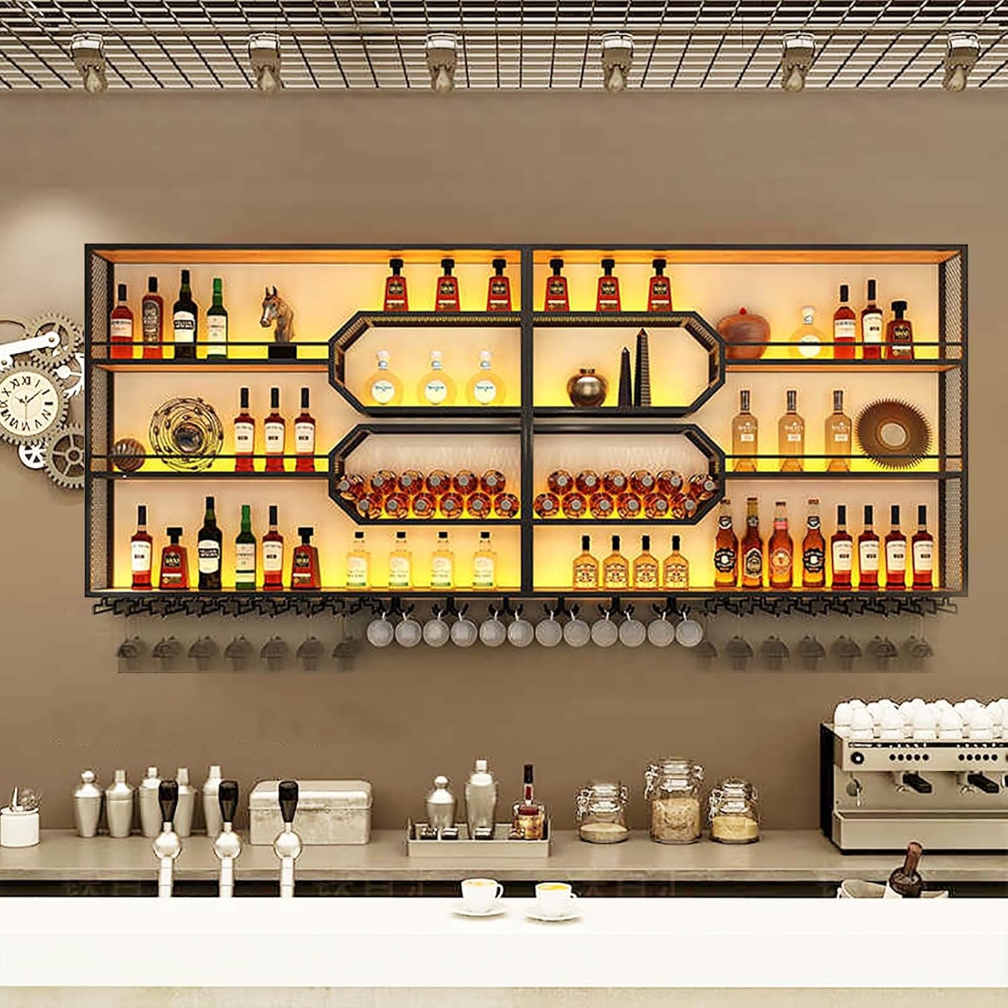 94IN Wall Mounted with Wine Rack, Hanging Metal Floating Wine Rack Cabinet with LED Light, 4-Tiers Large Vintage Style Wine Bottle Shelf for Home Restaurant Bars (94IN/240CM)