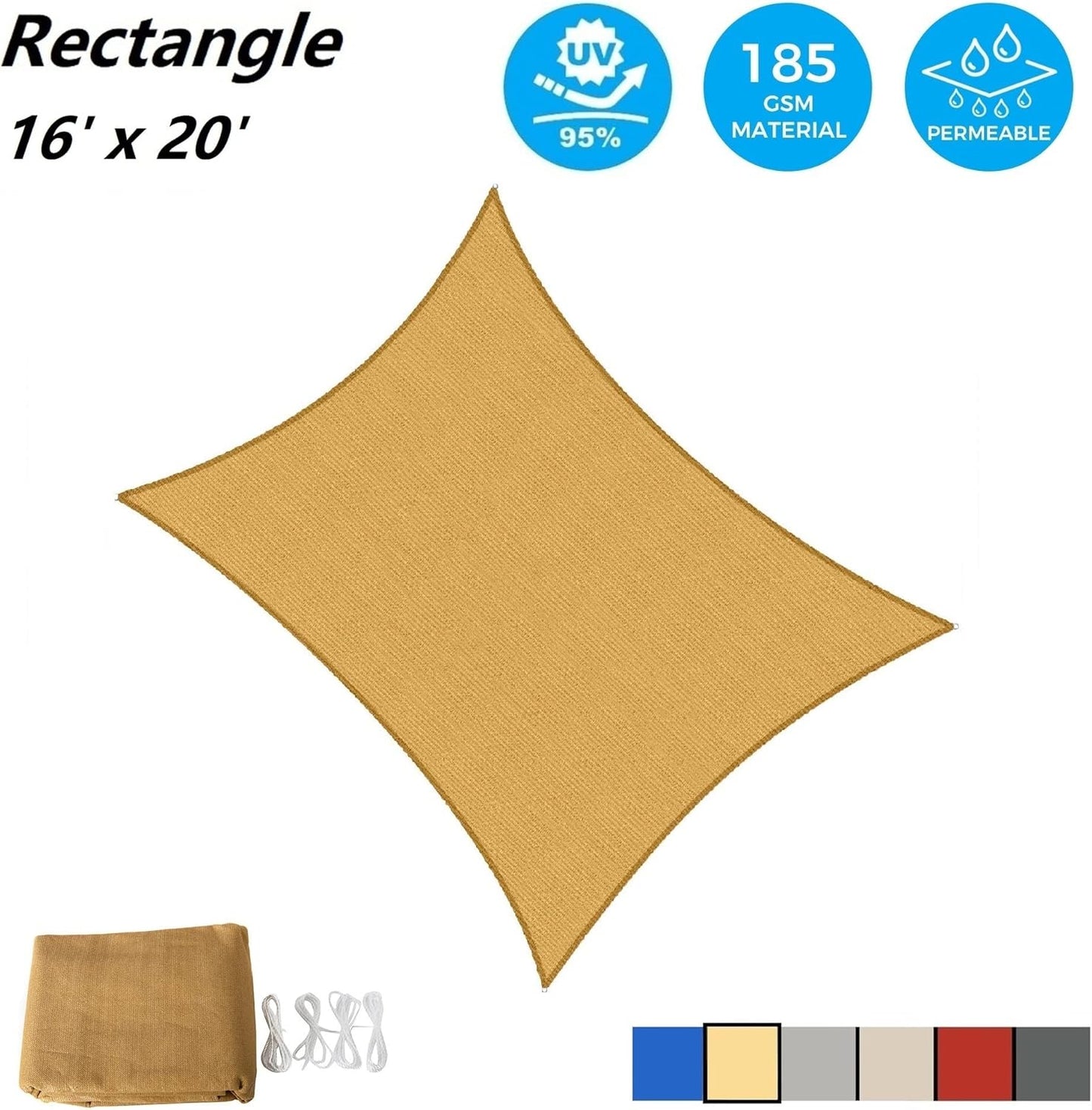 AsterOutdoor Sun Shade Sail Rectangle 16' x 20' UV Block Canopy for Patio Backyard Lawn Garden Outdoor Activities, Sand