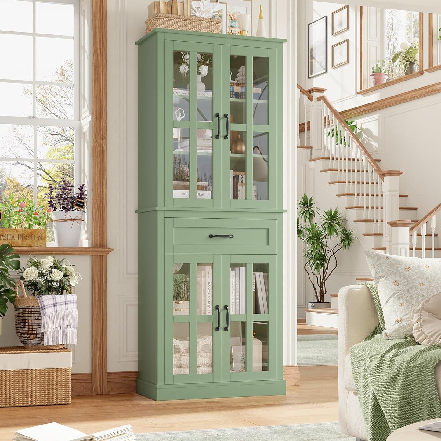 FOTOSOK 71'' Tall Kitchen Cabinet with Glass Doors and Drawer, Freestanding Food Pantry with Adjustable Shelves for Dining, Living Room, Natural