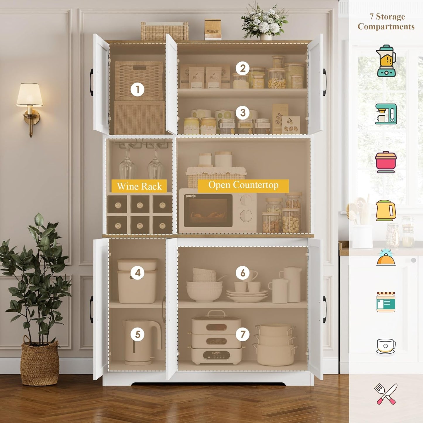 HOSTACK Kitchen Pantry Storage Cabinet, 71" Tall Food Pantry Cabinet with Microwave Stand, Farmhouse Kitchen Hutch, Coffee Bar Hutch with Wine Rack for Dining Room, Living Room, White