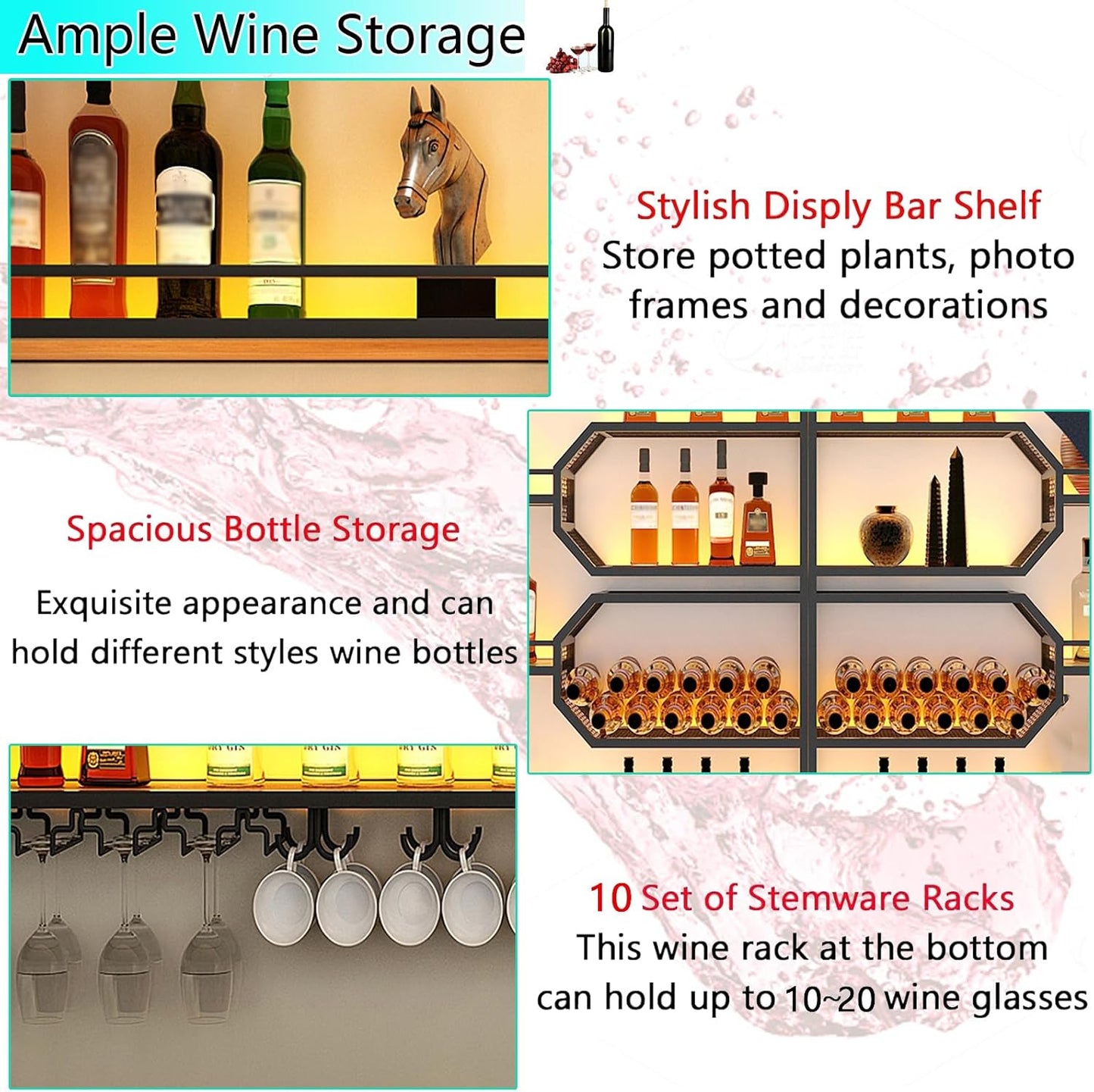 94IN Wall Mounted with Wine Rack, Hanging Metal Floating Wine Rack Cabinet with LED Light, 4-Tiers Large Vintage Style Wine Bottle Shelf for Home Restaurant Bars (94IN/240CM)