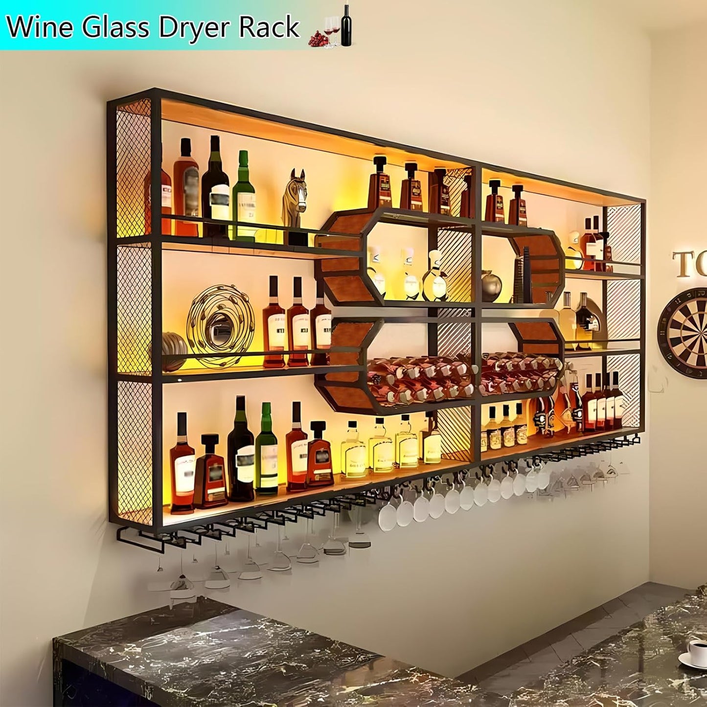 94IN Wall Mounted with Wine Rack, Hanging Metal Floating Wine Rack Cabinet with LED Light, 4-Tiers Large Vintage Style Wine Bottle Shelf for Home Restaurant Bars (94IN/240CM)