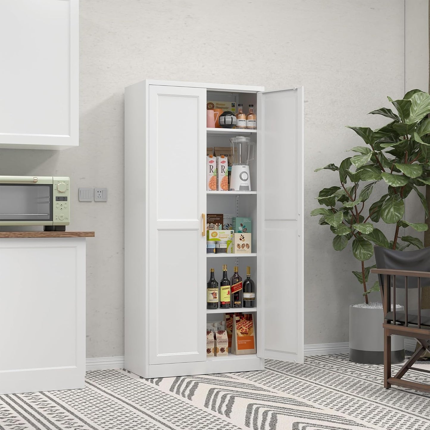 71" Tall Metal Storage Cabinet, Kitchen Pantry Storage Cabinets with Doors and 4 Shelves, White Pantry Cabinet, Utility Kitchen Cupboard, Large Steel Cabinets for Dining Room, Office, Living Room
