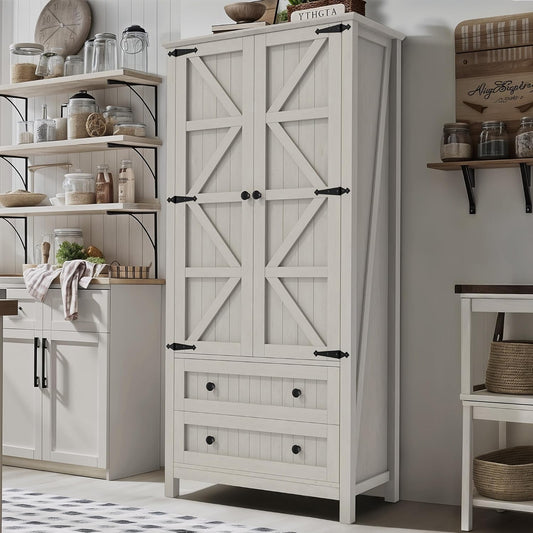 YITAHOME Farmhouse Kitchen Pantry Cabinet, 64.5" Tall Storage Cabinet with 2 Drawers & Adjustable Shelves, Ideal for Kitchen, Living Room, or Entryway, White