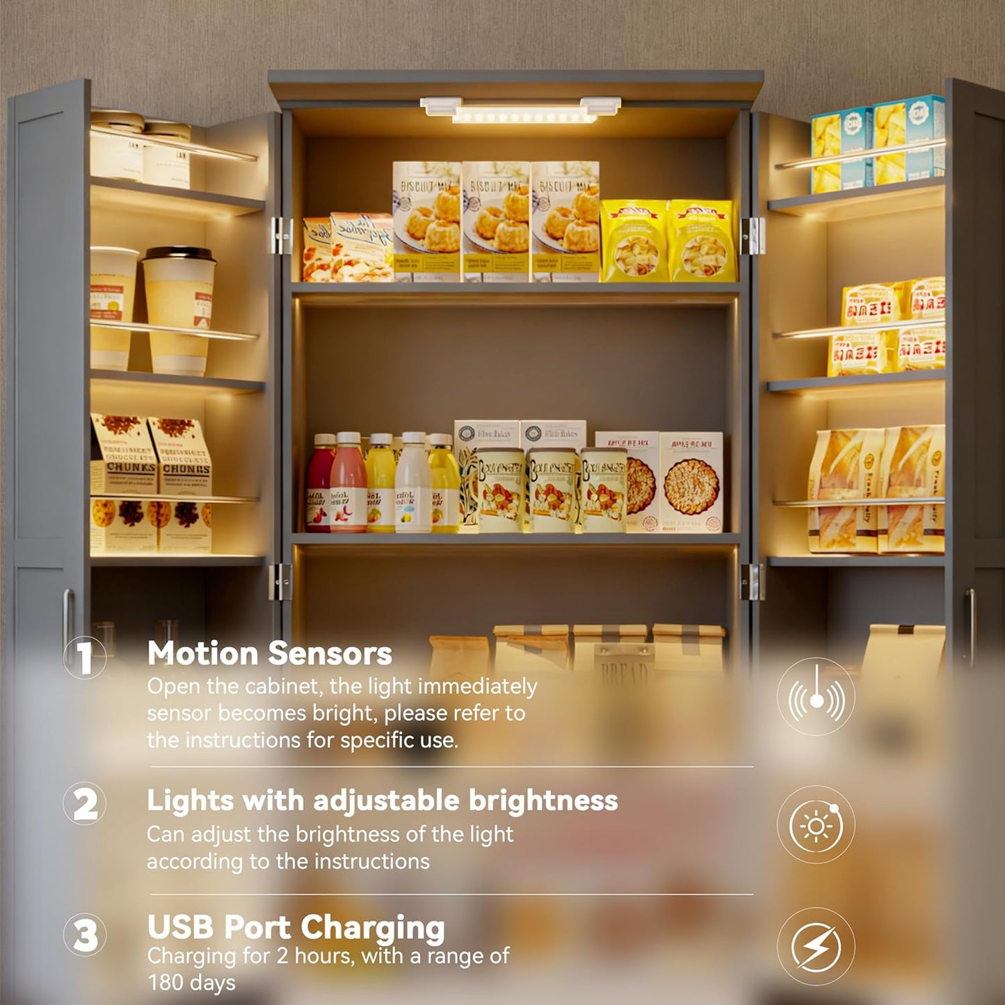 72" LED Kitchen Pantry Cabinet with 3 Drawers Farmhouse Tall Storage Cabinet Wood Food Pantry with Barn Doors and Adjustable Shelves Versatile Storage Freestanding Cupboard for Kitchen