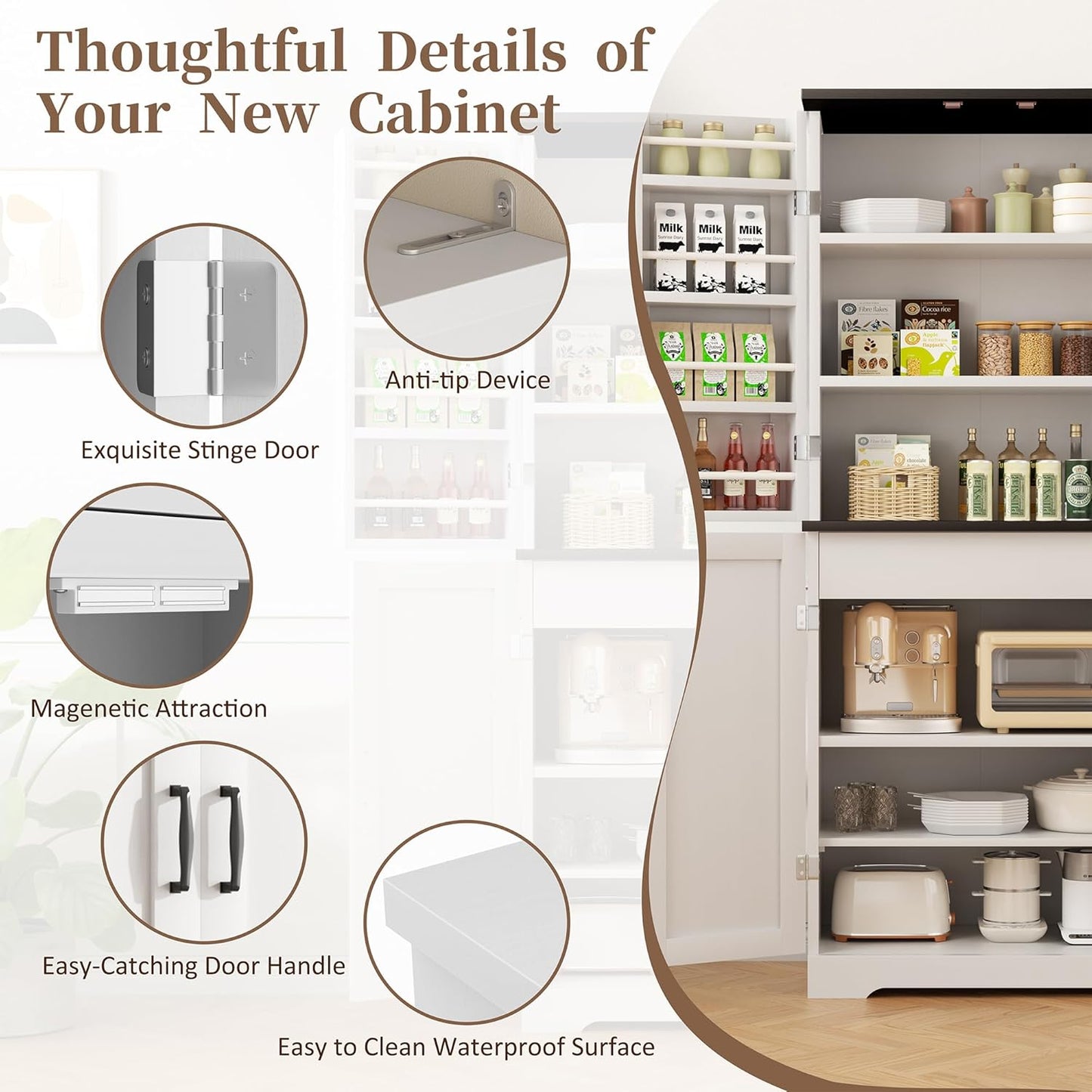 Shintenchi Kitchen Pantry Cabinet, Freestanding Farmhouse Storage Cabinet with 8 Door Shelves, 2 Cabinets and 1 Drawer, Tall Cupboard for Kitchen, Living Room, Dining Room and Bathroom, White