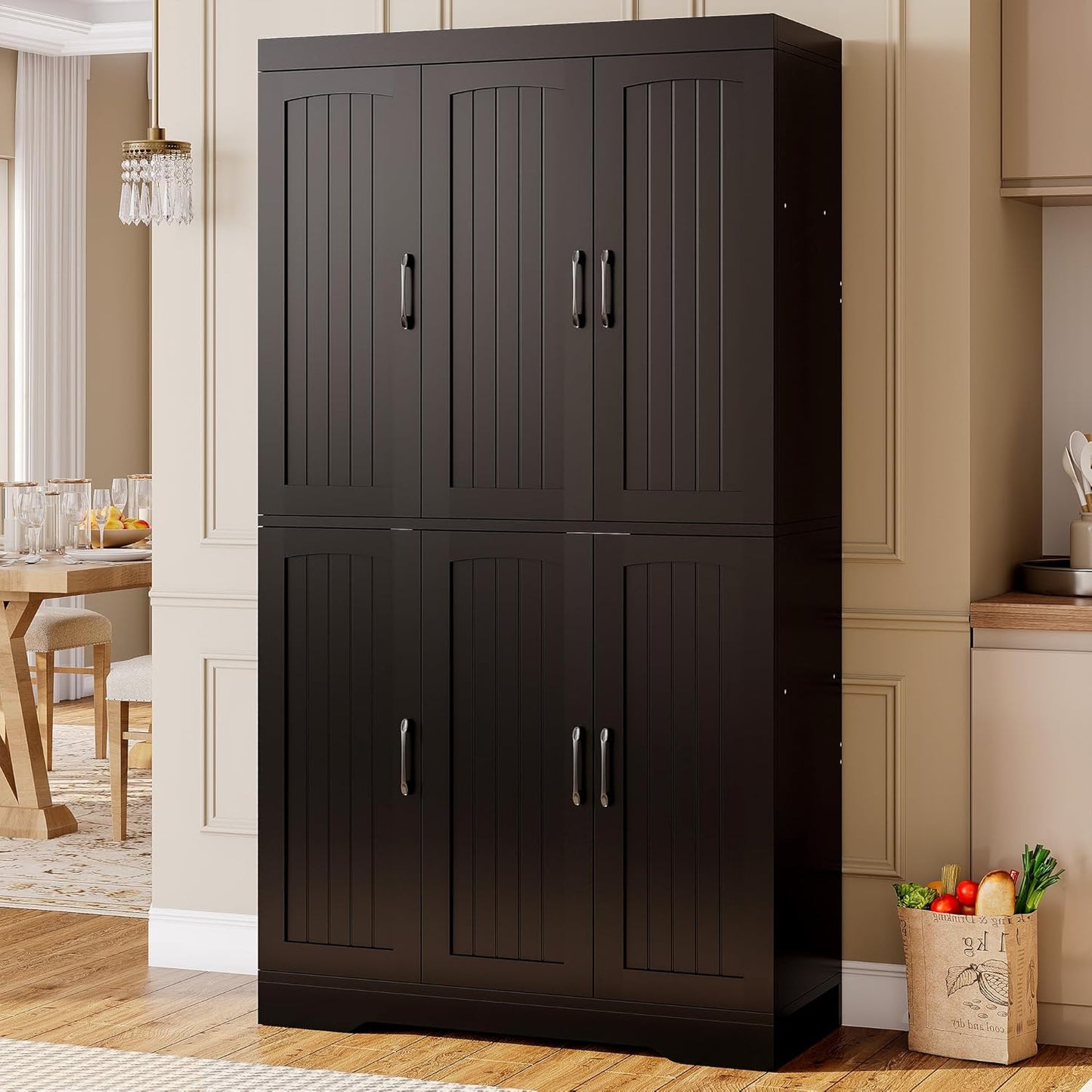 IRONCK Kitchen Pantry Storage Cabinet, Modern Food Pantries with 12 Shelves, 2 Door Racks, Adjustable Shelves, Freestanding Cupboard for Kitchen, Dining Room, White