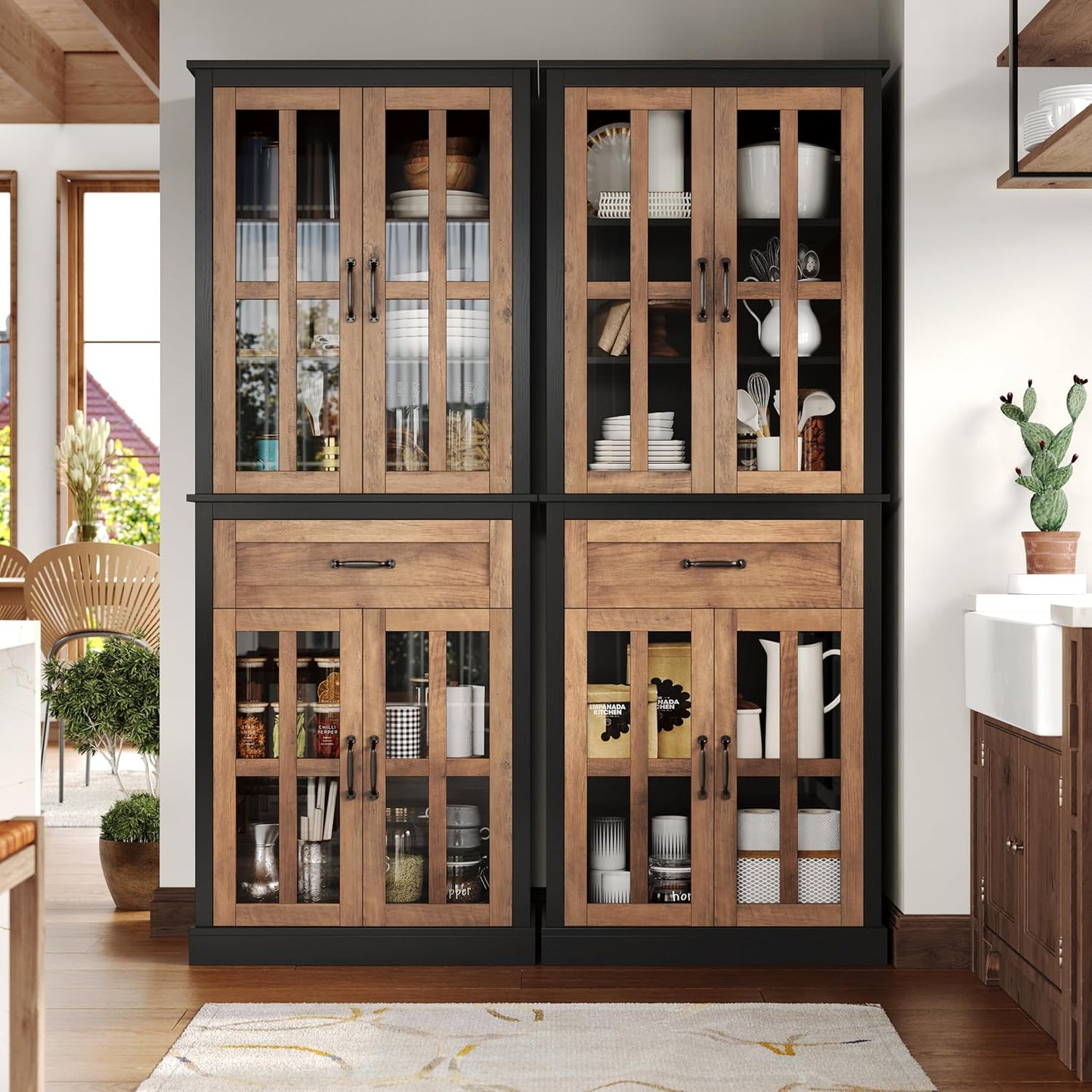 FOTOSOK 71'' Tall Kitchen Cabinet with Glass Doors and Drawer, Freestanding Food Pantry with Adjustable Shelves for Dining, Living Room, Natural