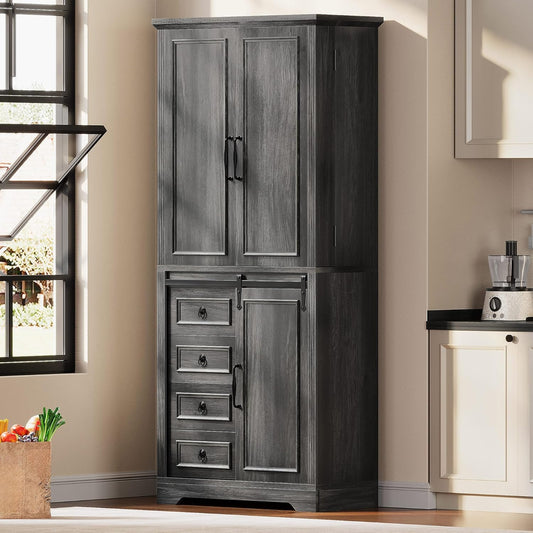 YITAHOME Pantry Cabinet, 71-Inch Tall Freestanding Storage Cabinet with 4 Drawers, Farmhouse Cupboard with Doors Storage, Adjustable Shelves, for Living Room, Dining Room, Gray Oak