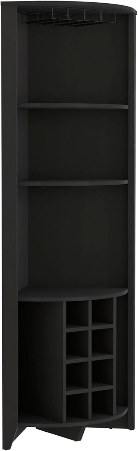 Corner Bar Cabinet, Three Shelves, Eight Built in Wine Rack, Two Side Shelves Black