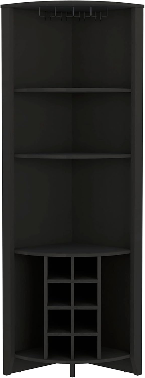 Corner Bar Cabinet, Three Shelves, Eight Built in Wine Rack, Two Side Shelves Black