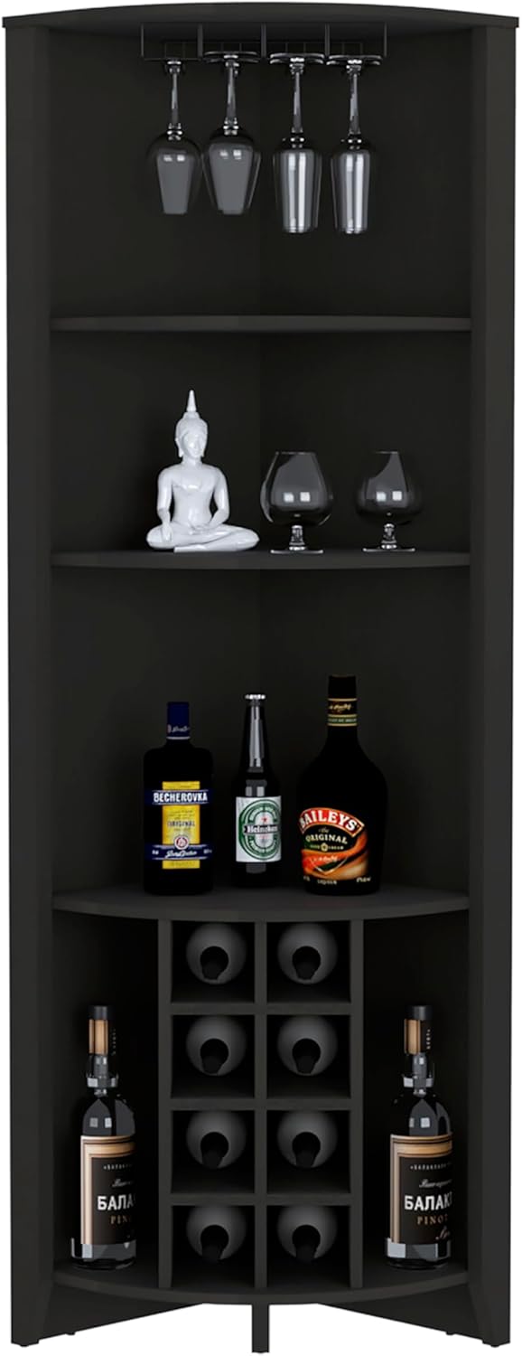 Corner Bar Cabinet, Three Shelves, Eight Built in Wine Rack, Two Side Shelves Black