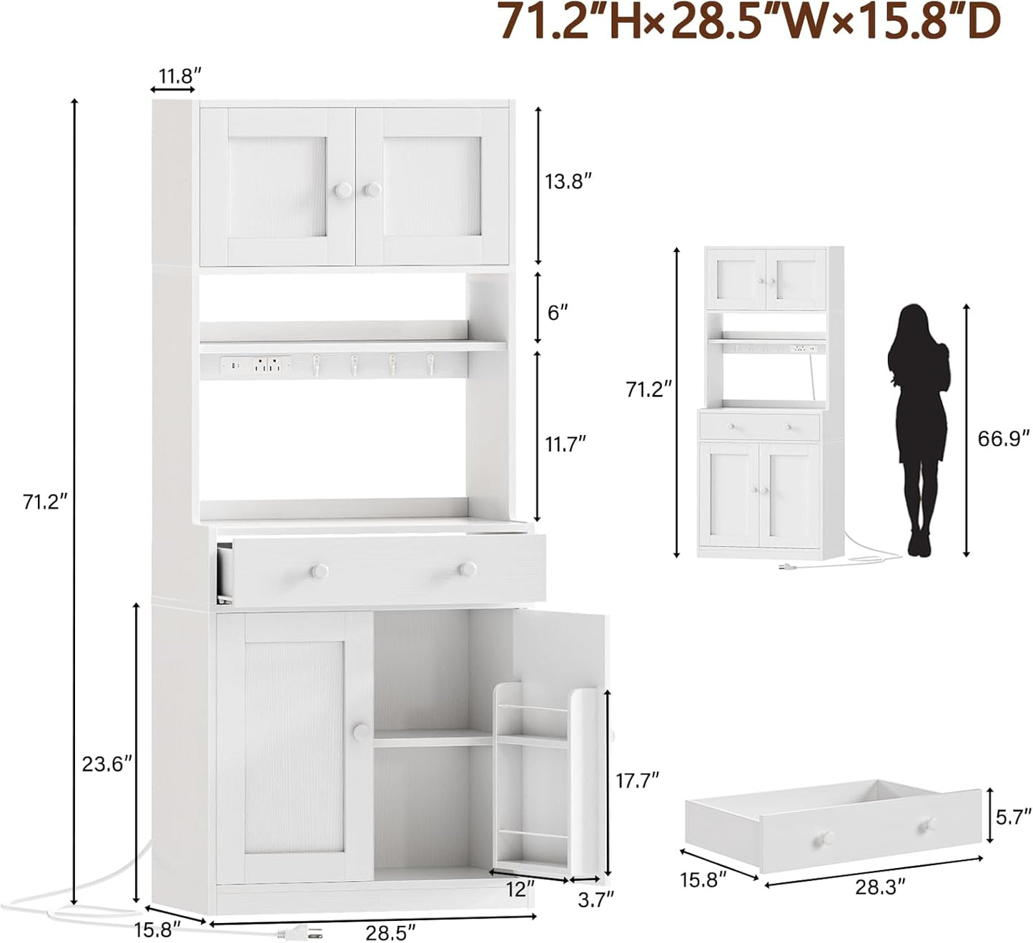 71" Tall Kitchen Pantry Storage Cabinet with Power Outlet & LED Light, Freestanding Food Pantry Cabinet with 4 Doors and Shelves, Cupboard with Drawer, Hutch with Microwave Stand, White