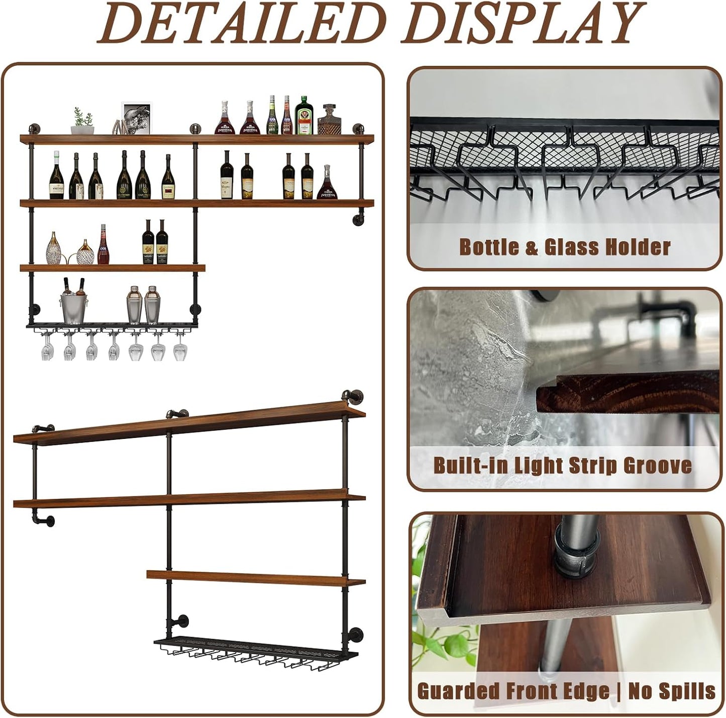Solid Wood Wall Mounted Wine Rack, Large Wine Rack with LED Light, 4 Tiers Liquor Bottles Floating Shelves with Glass Holder, Industrial Bar Shelves for Home Bar Dining Room (118.1 IN/ 300CM)