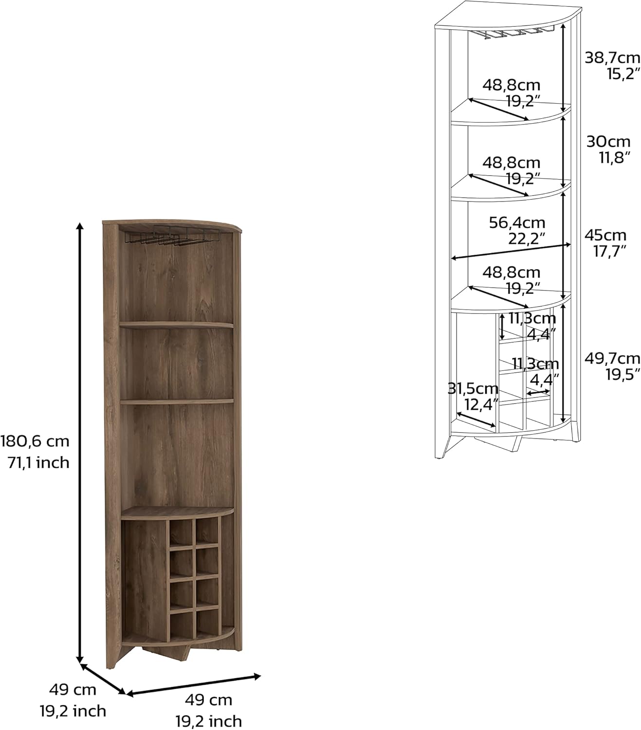 Elegant and Functional Corner Bar Cabinet with Built-in Wine Rack and Two Side Shelves, Dark Brown