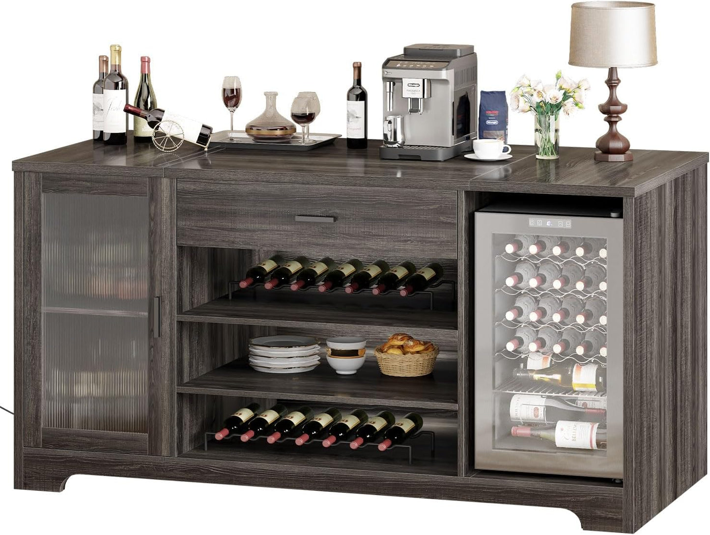 HSH Bar Cabinet with Mini Fridge Space, 70.9” Large Wood Wine Cabinet with Cooler Space, Farmhouse Long Liquor Cabinet with Drawer Storage, Metal Sideboard Buffet for Kitchen Dining Room, Rustic Brown