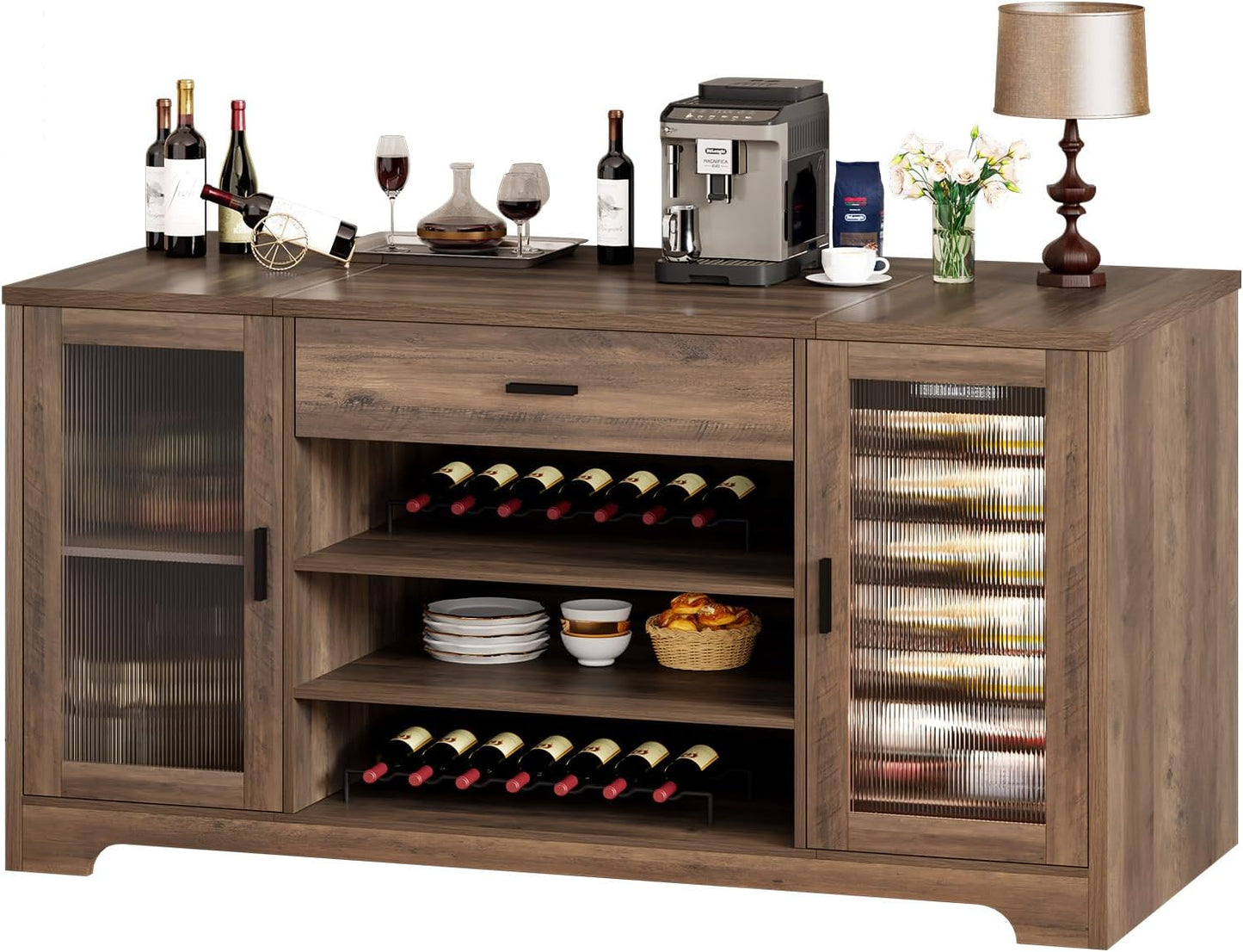 HSH Bar Cabinet with Mini Fridge Space, 70.9” Large Wood Wine Cabinet with Cooler Space, Farmhouse Long Liquor Cabinet with Drawer Storage, Metal Sideboard Buffet for Kitchen Dining Room, Rustic Brown