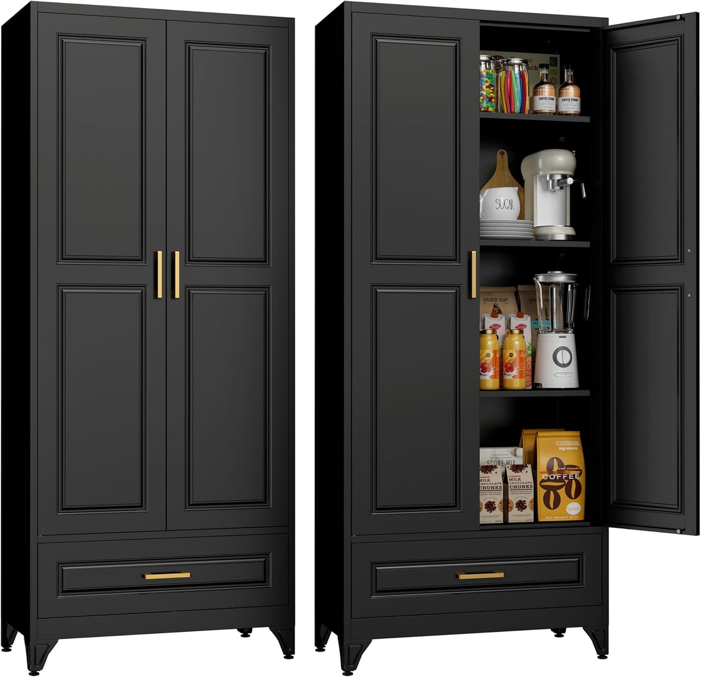 71" Tall Metal Storage Cabinet, Kitchen Pantry Storage Cabinets with Doors and 4 Shelves, White Pantry Cabinet, Utility Kitchen Cupboard, Large Steel Cabinets for Dining Room, Office, Living Room