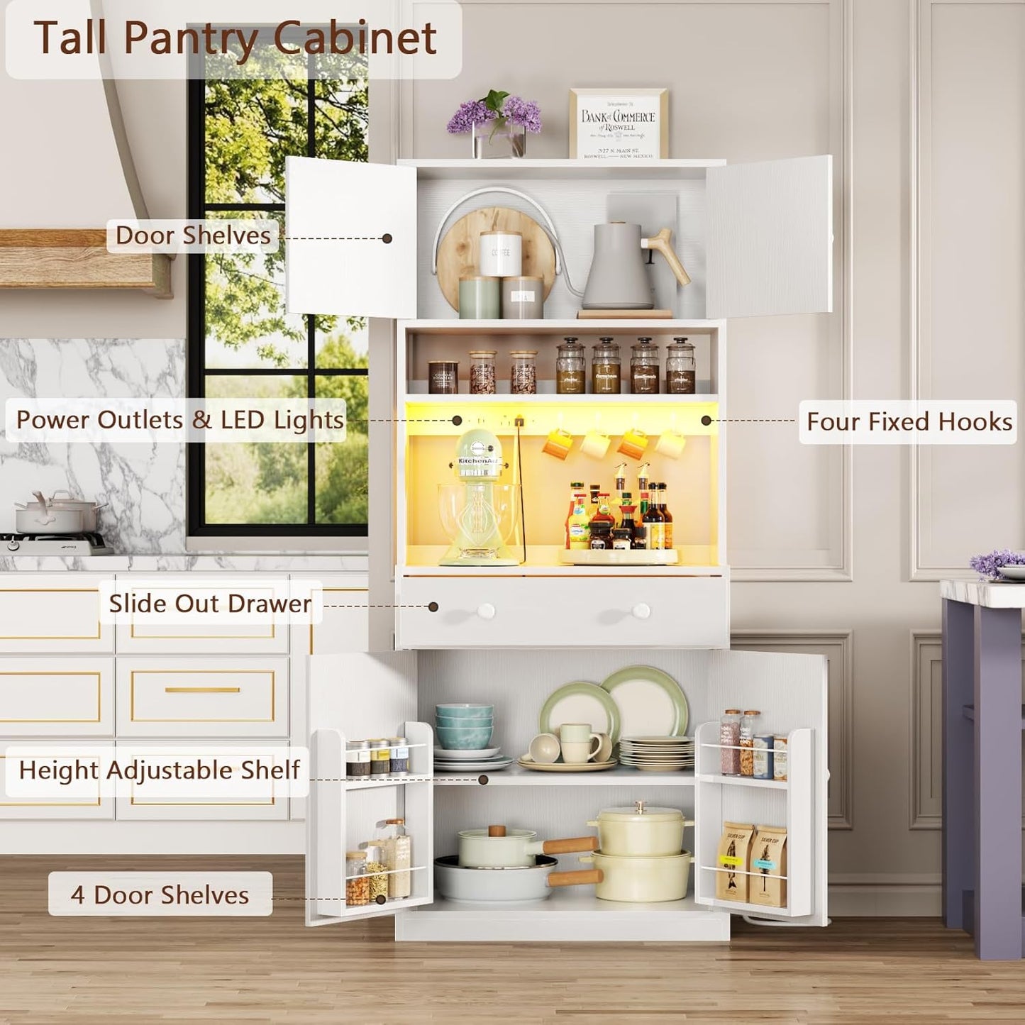 71" Tall Kitchen Pantry Storage Cabinet with Power Outlet & LED Light, Freestanding Food Pantry Cabinet with 4 Doors and Shelves, Cupboard with Drawer, Hutch with Microwave Stand, White