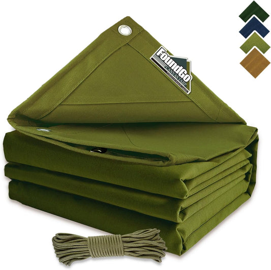 FoundGo 10x24ft Canvas Tarp 22 Mil Tarps 14 oz Canvas Tarpaulin Heavy Duty Cloth Water/UV Resistant Cover with Rustproof Grommets & Ropes for Cars,Roofs,Boats,Camps,Sunshades，Moisture Barrier -Avocado