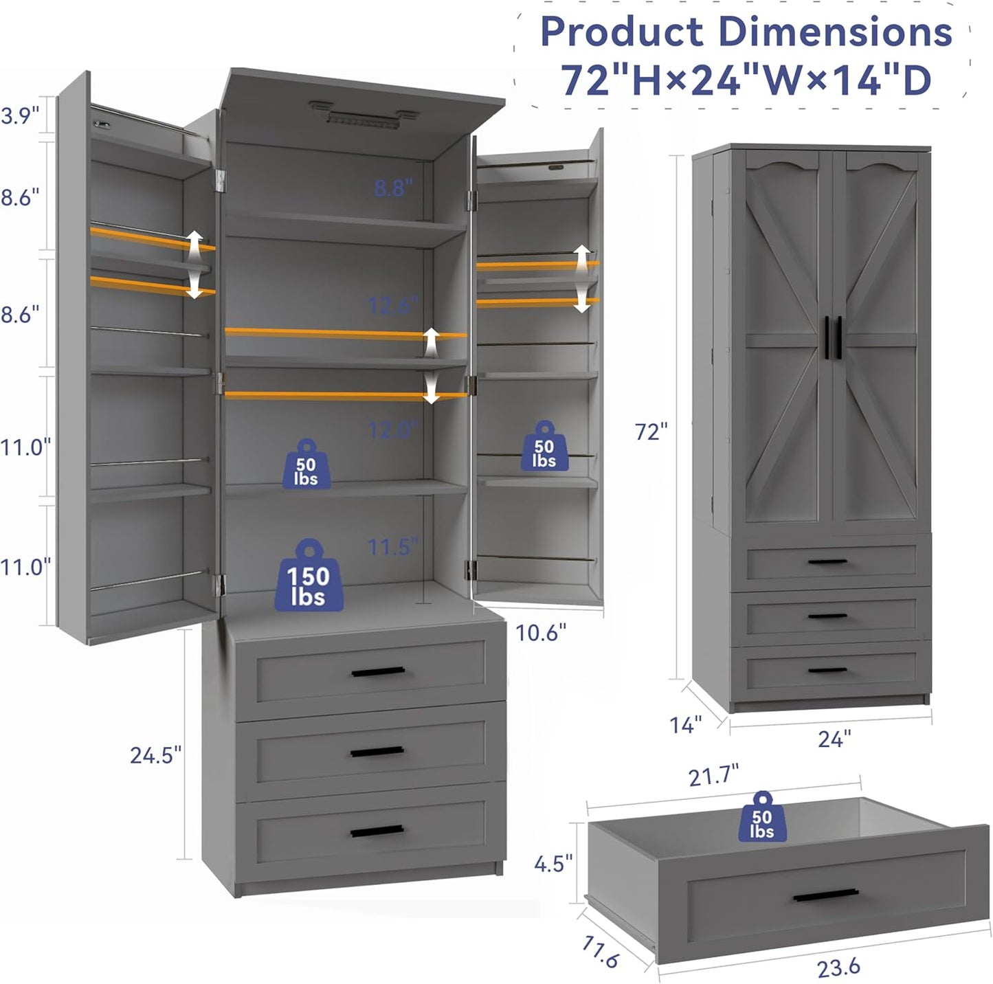 72" LED Kitchen Pantry Cabinet with 3 Drawers Farmhouse Tall Storage Cabinet Wood Food Pantry with Barn Doors and Adjustable Shelves Versatile Storage Freestanding Cupboard for Kitchen