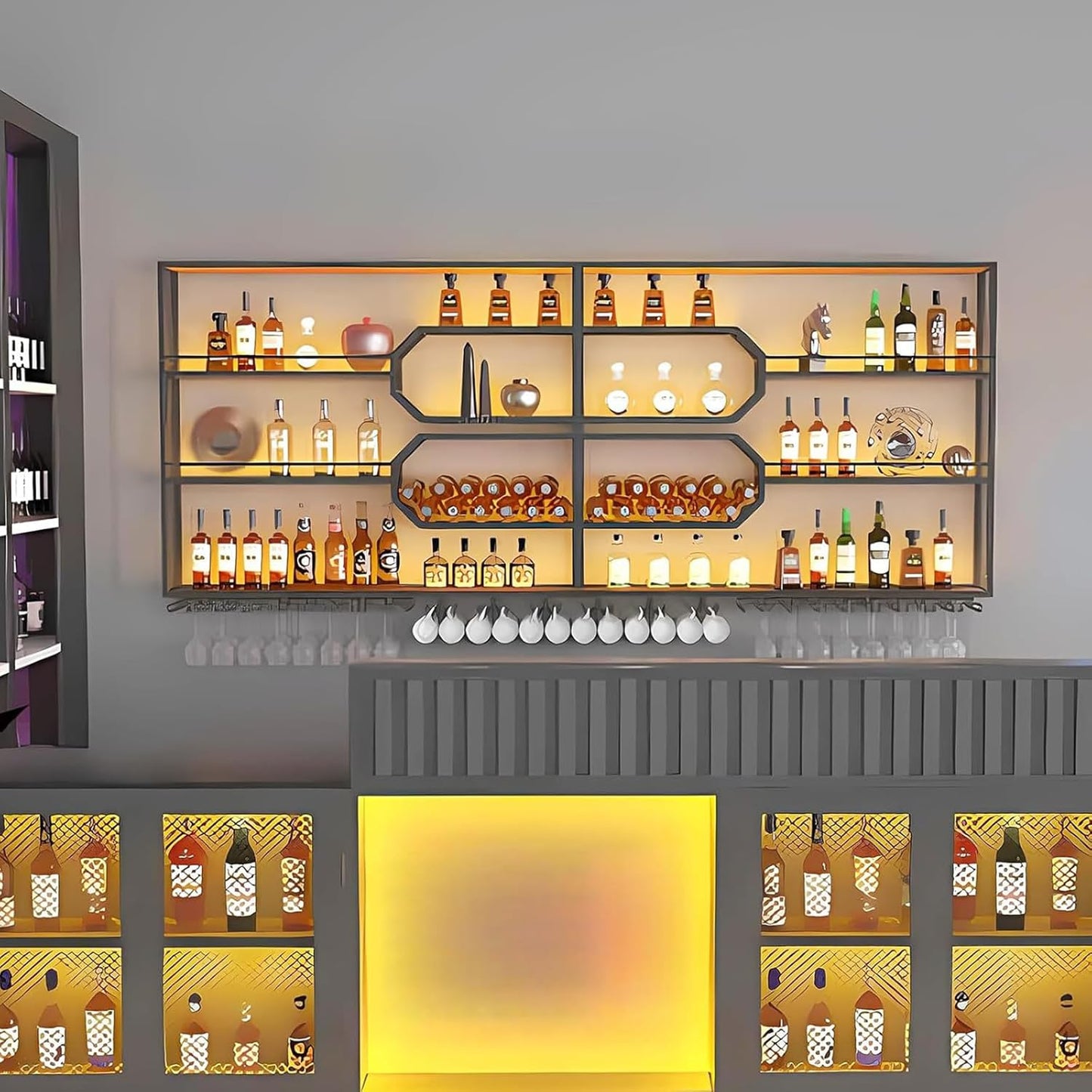 94IN Wall Mounted with Wine Rack, Hanging Metal Floating Wine Rack Cabinet with LED Light, 4-Tiers Large Vintage Style Wine Bottle Shelf for Home Restaurant Bars (94IN/240CM)